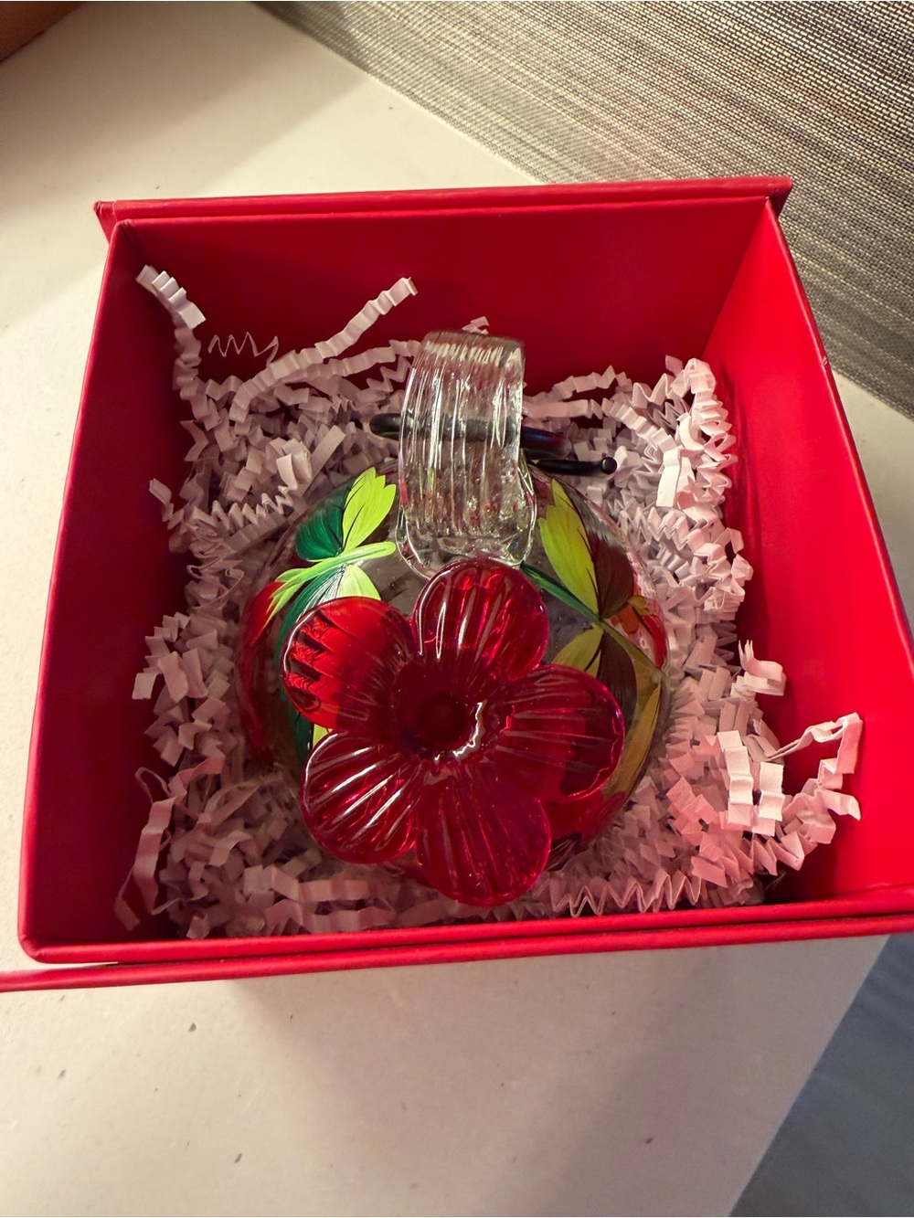 Brand new Hand Blown Glass Ornament/Hummingbird Feeder with Red Floral Accent - Picture 5 of 5